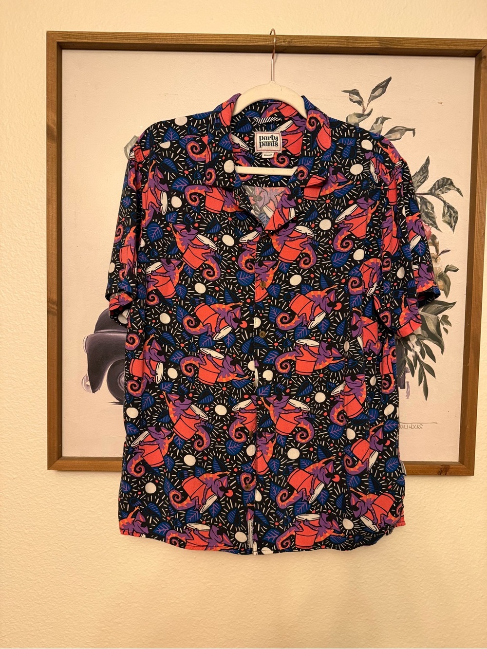 Men’s Short Sleeve Button-Up Shirt - Black with Pink & Blue Graphic Print
